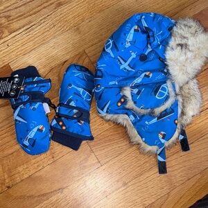 GK Blue Aviator Kids Hat and Mittens Set